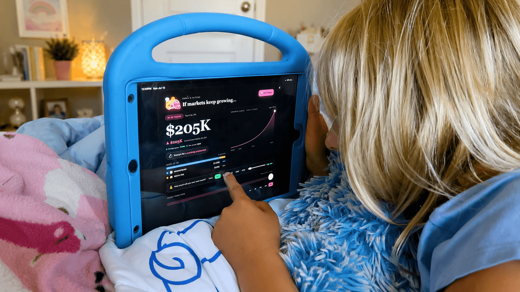 Emma lying in bed, exploring her MemoryBank future projection showing $205K on a tablet