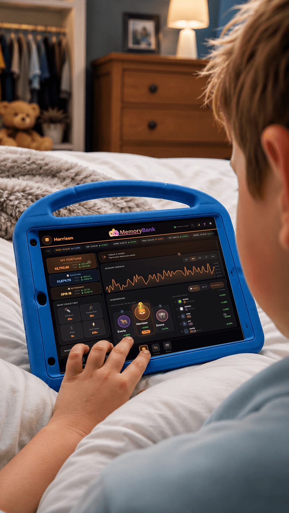 Harrison checking his MemoryBank dashboard and family leaderboard on a tablet