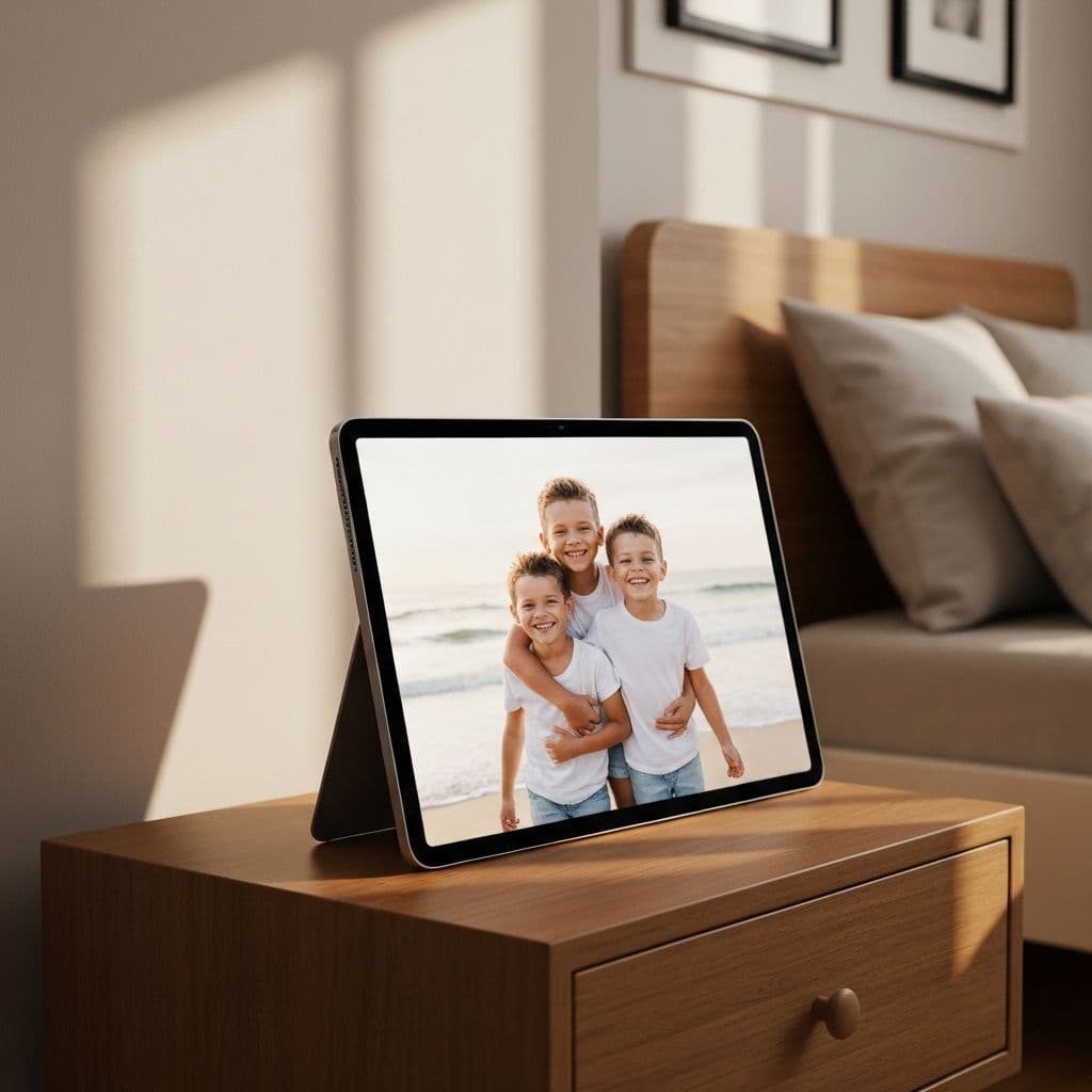 MemoryBank displayed as a digital picture frame in a child's bedroom, showing family photos