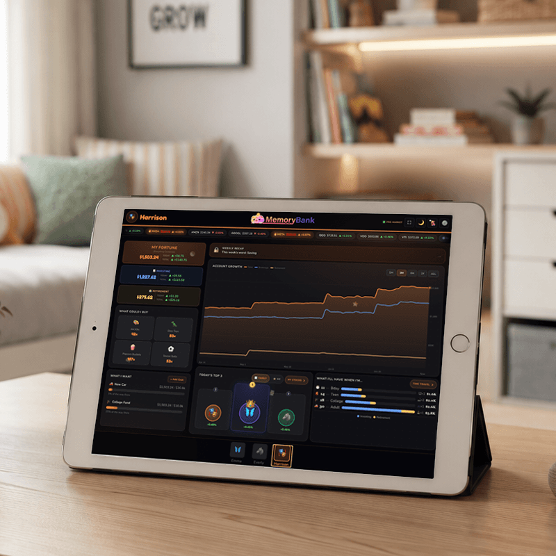 MemoryBank showing a live investment dashboard on a framed tablet