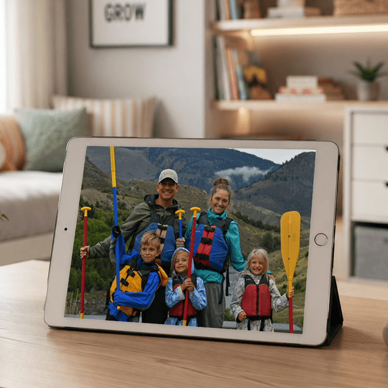 MemoryBank in photo screensaver mode on a framed tablet